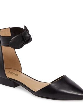 Michael Kors Alina Black Leather Pointed Ankle-Strap Flat with Knot Detail
